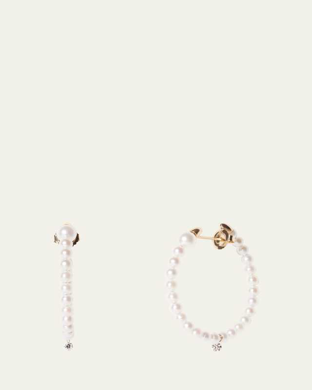 14K Yellow Gold 3mm Akoya Pearl Hoop Earrings with Diamond Drop